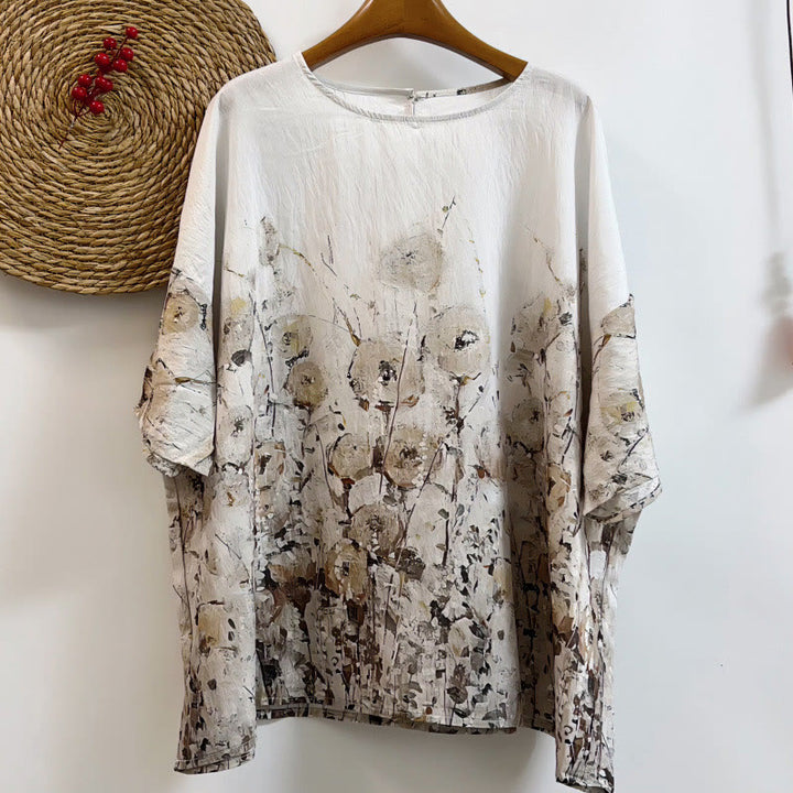 Buddha Stonesカジュアル ルーズ プリント ペタルブッシュ レディース クルーネックデザイン 半袖 ポリエステル Tシャツ