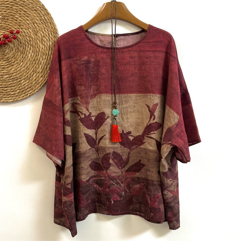 Buddha Stonesカジュアル ルーズ プリント リーフ プランツ レディース クルーネックデザイン 半袖 ポリエステル Tシャツ