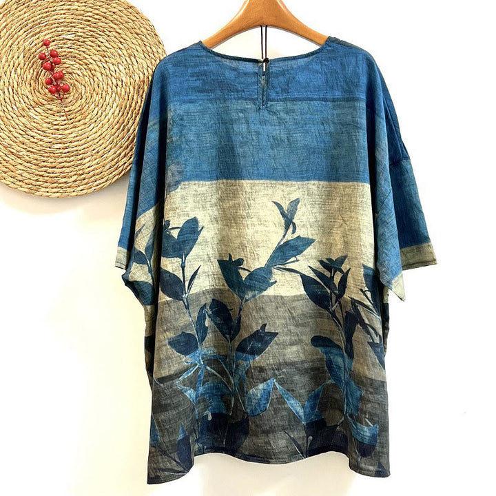 Buddha Stonesカジュアル ルーズ プリント リーフ プランツ レディース クルーネックデザイン 半袖 ポリエステル Tシャツ