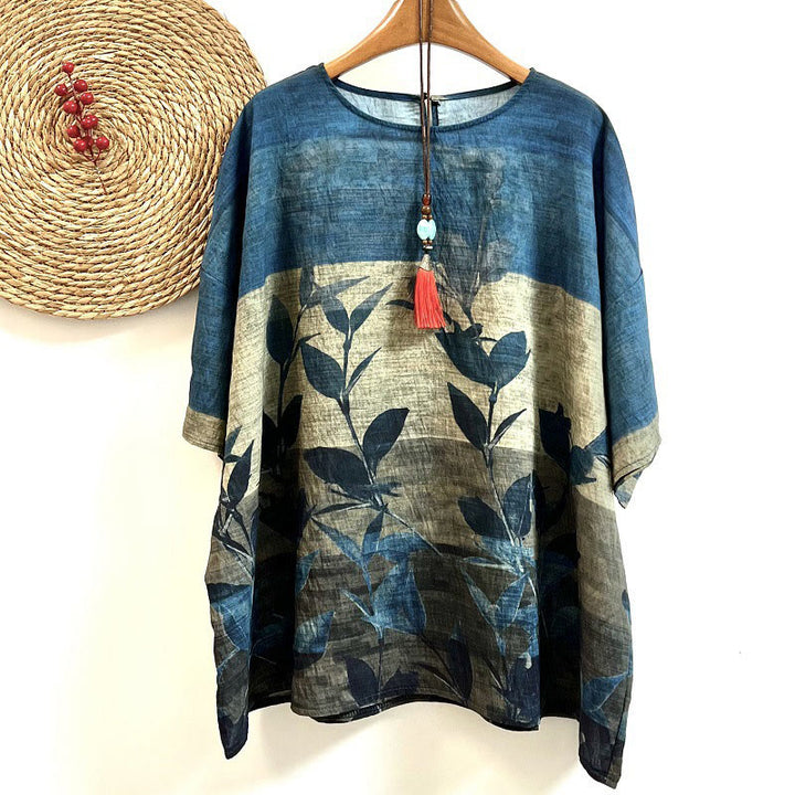 Buddha Stonesカジュアル ルーズ プリント リーフ プランツ レディース クルーネックデザイン 半袖 ポリエステル Tシャツ
