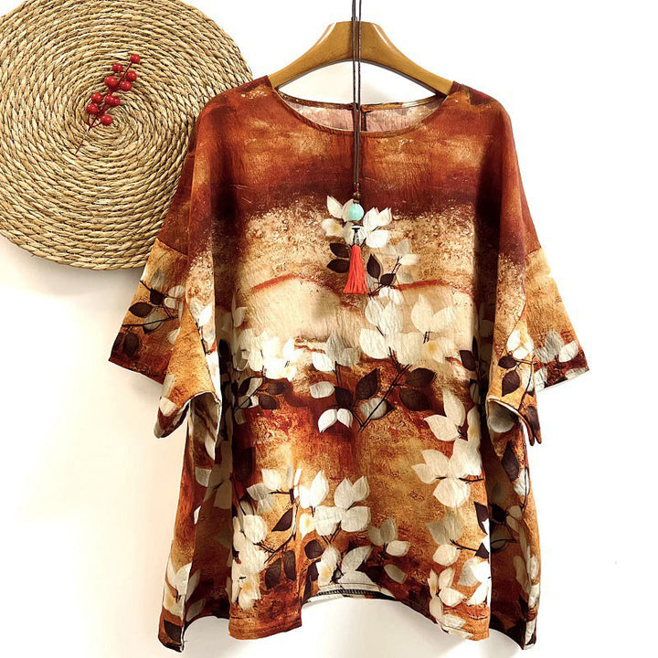 Buddha Stonesカジュアルプリント リーフプランツ レディース クルーネックデザイン 半袖 ポリエステルTシャツ