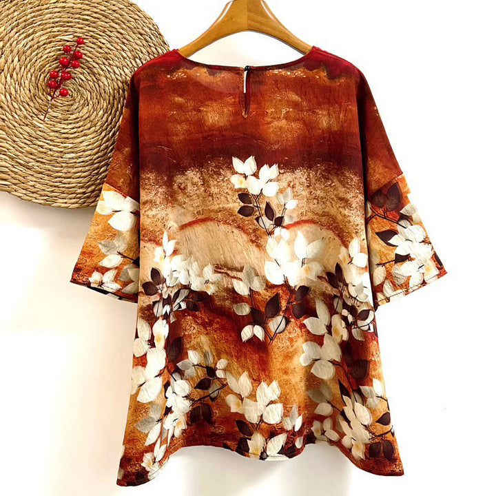Buddha Stonesカジュアルプリント リーフプランツ レディース クルーネックデザイン 半袖 ポリエステルTシャツ