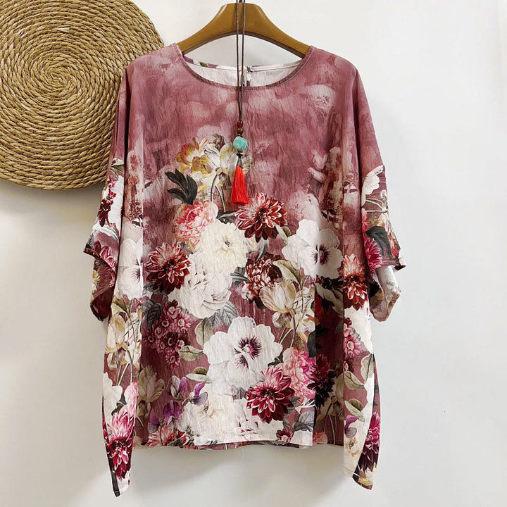 Buddha Stonesカジュアルプリント様々な花びらダリア牡丹レディースクルーネックデザイン半袖ポリエステルTシャツ