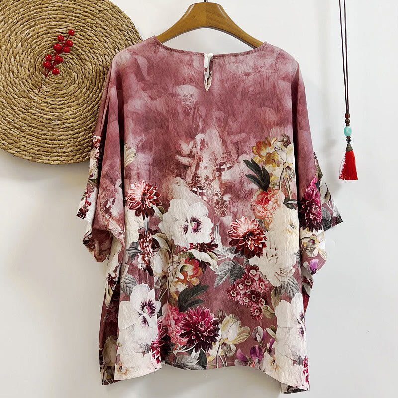 Buddha Stonesカジュアルプリント様々な花びらダリア牡丹レディースクルーネックデザイン半袖ポリエステルTシャツ