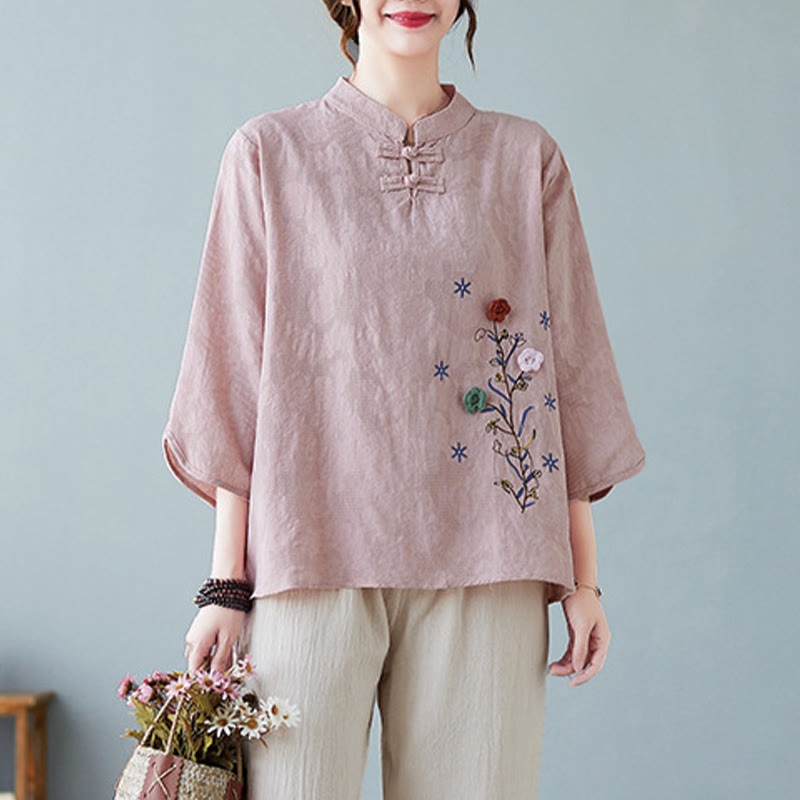 Buddha Stonesヴィンテージ サマー 立体花刺繍 七分袖 フロッグボタン コットンリネン レディース シャツ - ライトピンク - US12、 UK/AU16、 EU44 (3XL) - image 5