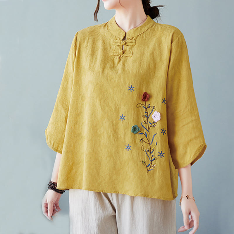Buddha Stonesヴィンテージ サマー 立体花刺繍 七分袖 フロッグボタン コットンリネン レディース シャツ - image 1