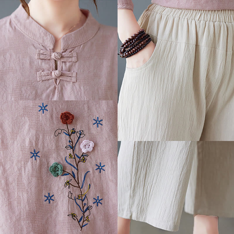Buddha Stonesヴィンテージ サマー 立体花刺繍 七分袖 フロッグボタン コットンリネン レディース シャツ - image 15