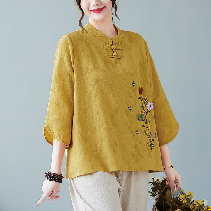 Buddha Stonesヴィンテージ サマー 立体花刺繍 七分袖 フロッグボタン コットンリネン レディース シャツ - ゴールデンロッド - US12、 UK/AU16、 EU44 (3XL) - image 0