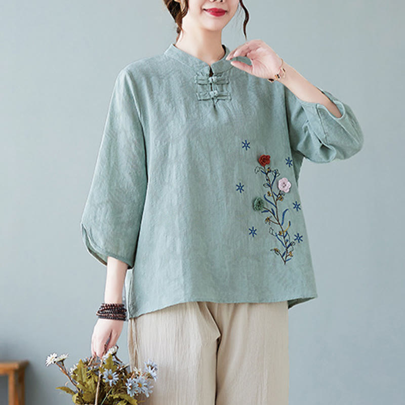 Buddha Stonesヴィンテージ サマー 立体花刺繍 七分袖 フロッグボタン コットンリネン レディース シャツ - image 20