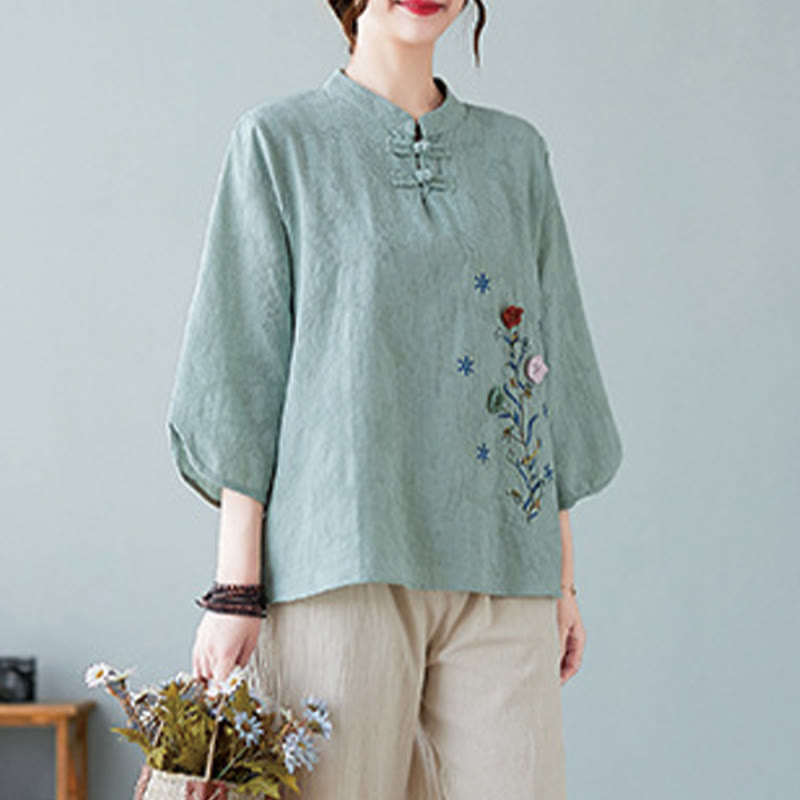 Buddha Stonesヴィンテージ サマー 立体花刺繍 七分袖 フロッグボタン コットンリネン レディース シャツ - image 19