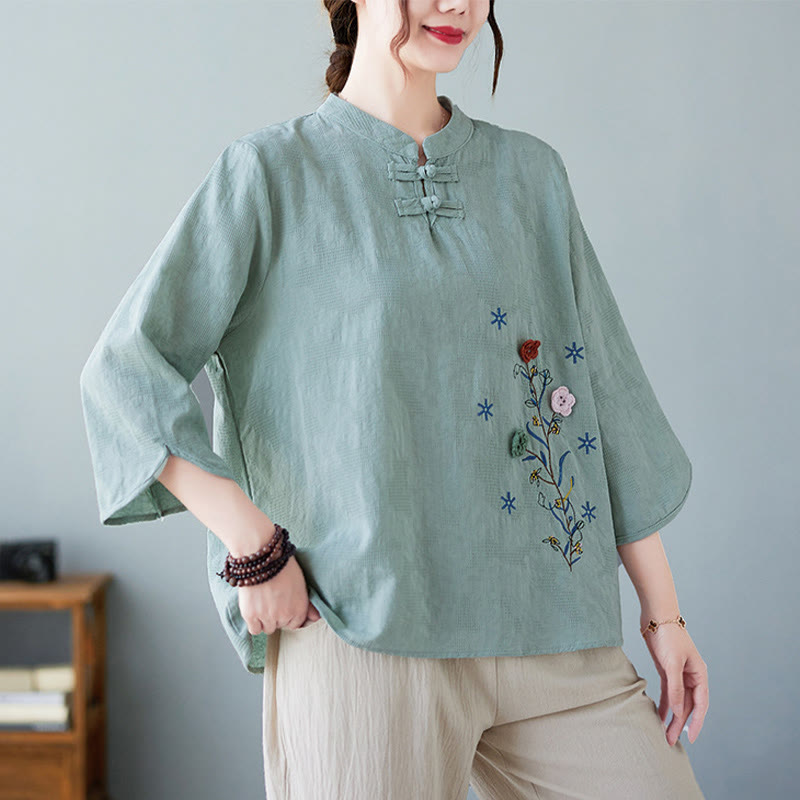 Buddha Stonesヴィンテージ サマー 立体花刺繍 七分袖 フロッグボタン コットンリネン レディース シャツ - ミディアムターコイズ - US12、 UK/AU16、 EU44 (3XL) - image 17