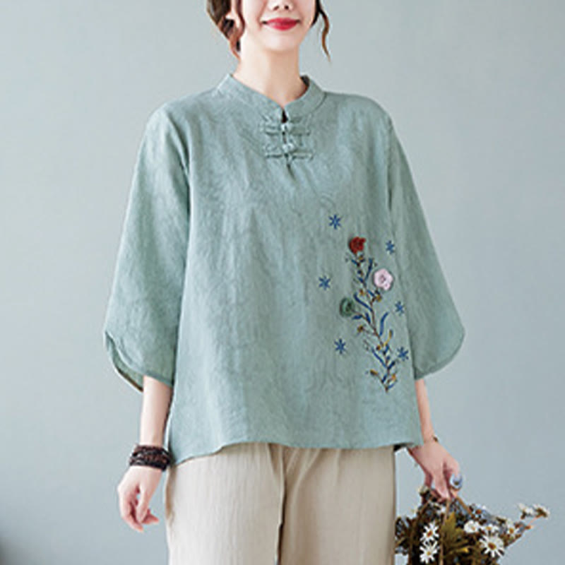 Buddha Stonesヴィンテージ サマー 立体花刺繍 七分袖 フロッグボタン コットンリネン レディース シャツ - image 18