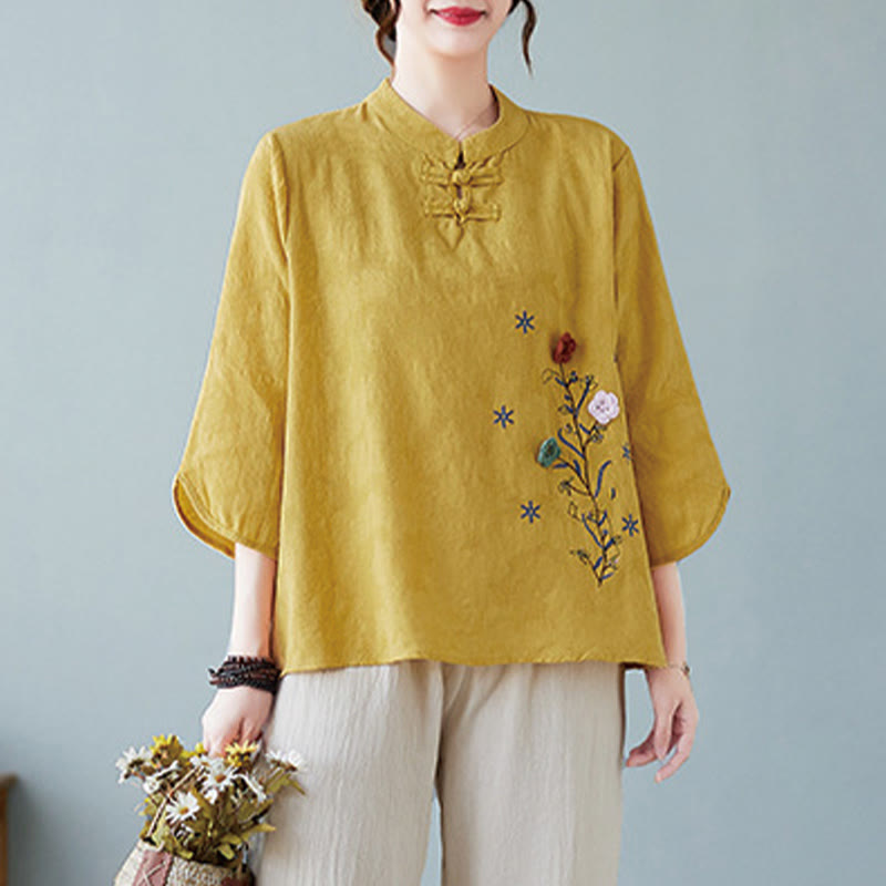Buddha Stonesヴィンテージ サマー 立体花刺繍 七分袖 フロッグボタン コットンリネン レディース シャツ - image 2