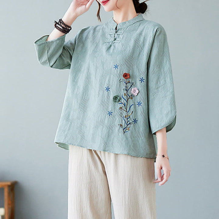 Buddha Stonesヴィンテージ サマー 立体花刺繍 七分袖 フロッグボタン コットンリネン レディース シャツ - image 22
