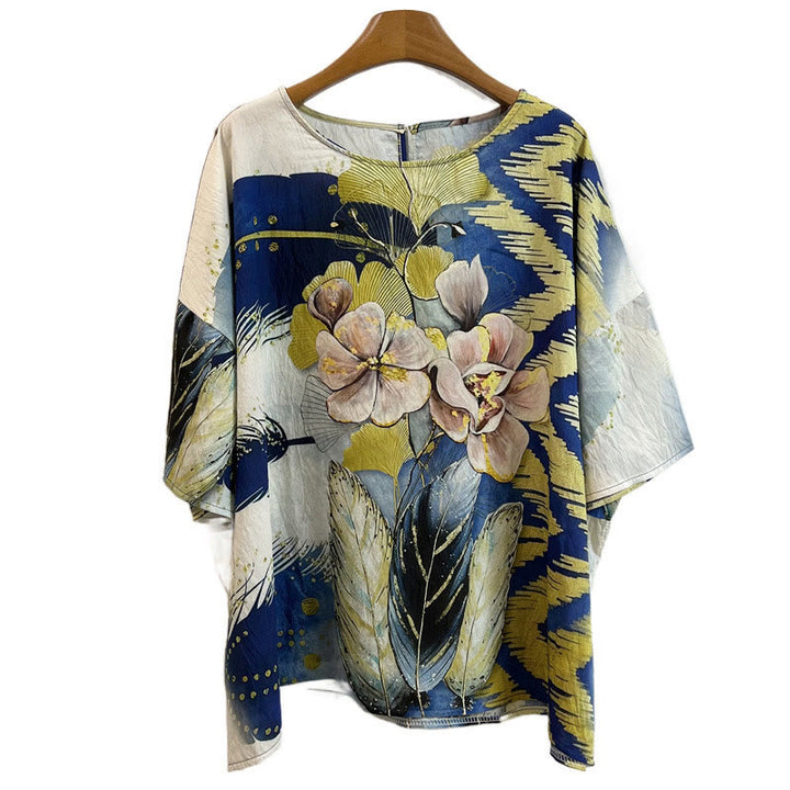 Buddha Stonesカジュアル 花 葉 フェザー レディース クルーネックデザイン 半袖 ポリエステル Tシャツ