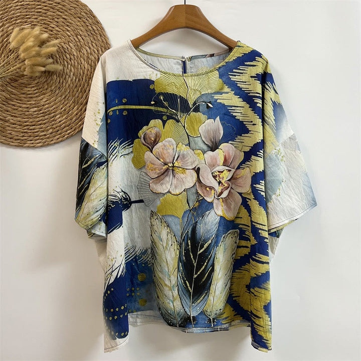 Buddha Stonesカジュアル 花 葉 フェザー レディース クルーネックデザイン 半袖 ポリエステル Tシャツ