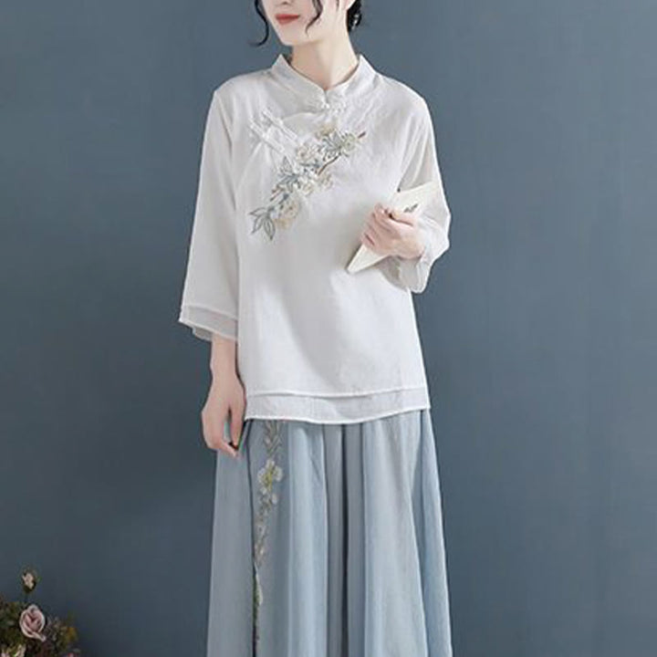 Buddha Stonesの花の刺繍入り七分袖フロッグボタンマンダリンカラーコットンリネンレディースシャツ - image 6