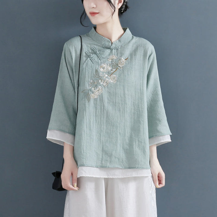 Buddha Stonesの花の刺繍入り七分袖フロッグボタンマンダリンカラーコットンリネンレディースシャツ - image 14
