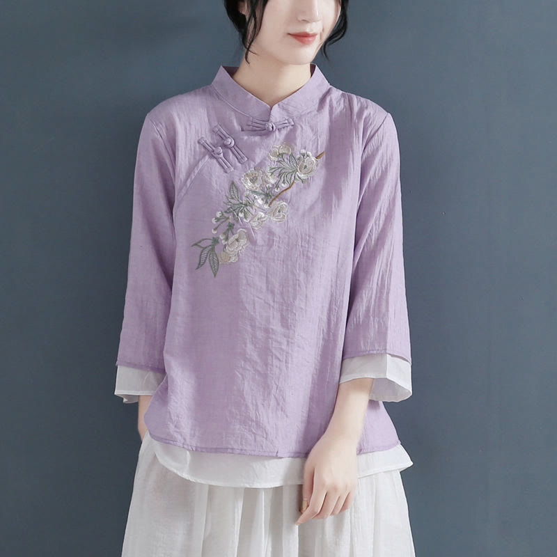 Buddha Stonesの花の刺繍入り七分袖フロッグボタンマンダリンカラーコットンリネンレディースシャツ - バイオレット - US12、 UK/AU16、 EU44 (3XL) - image 7