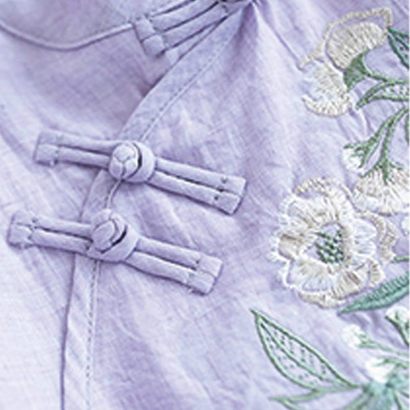 Buddha Stonesの花の刺繍入り七分袖フロッグボタンマンダリンカラーコットンリネンレディースシャツ - image 10