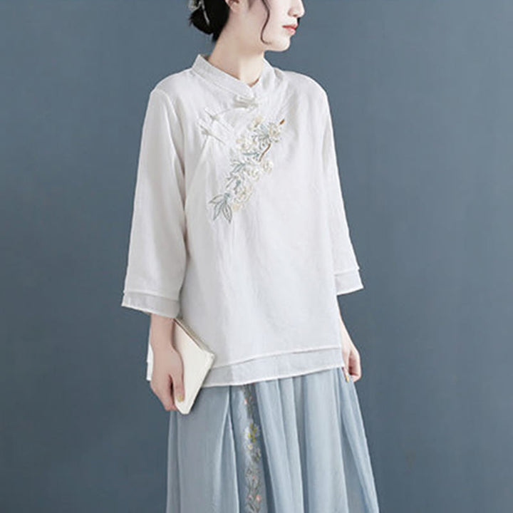 Buddha Stonesの花の刺繍入り七分袖フロッグボタンマンダリンカラーコットンリネンレディースシャツ - image 5