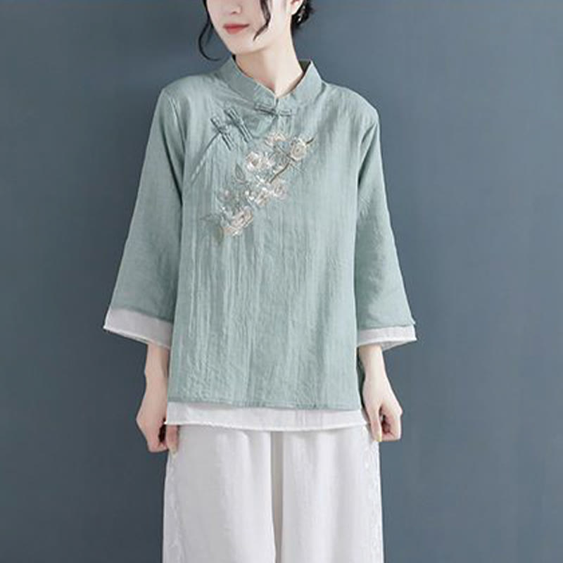 Buddha Stonesの花の刺繍入り七分袖フロッグボタンマンダリンカラーコットンリネンレディースシャツ - ミディアムアクアマリン - US12、 UK/AU16、 EU44 (3XL) - image 13