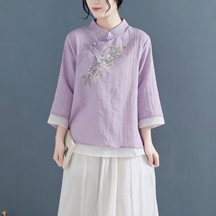 Buddha Stonesの花の刺繍入り七分袖フロッグボタンマンダリンカラーコットンリネンレディースシャツ - image 9