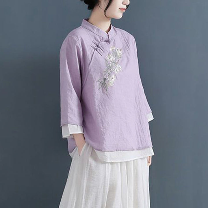 Buddha Stonesの花の刺繍入り七分袖フロッグボタンマンダリンカラーコットンリネンレディースシャツ - image 8