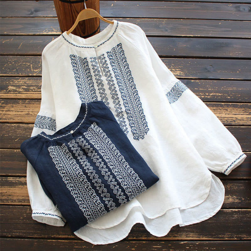 Buddha Stonesエスニック刺繍ボヘミアン柄長袖クルーネックレディースシャツ - image 13