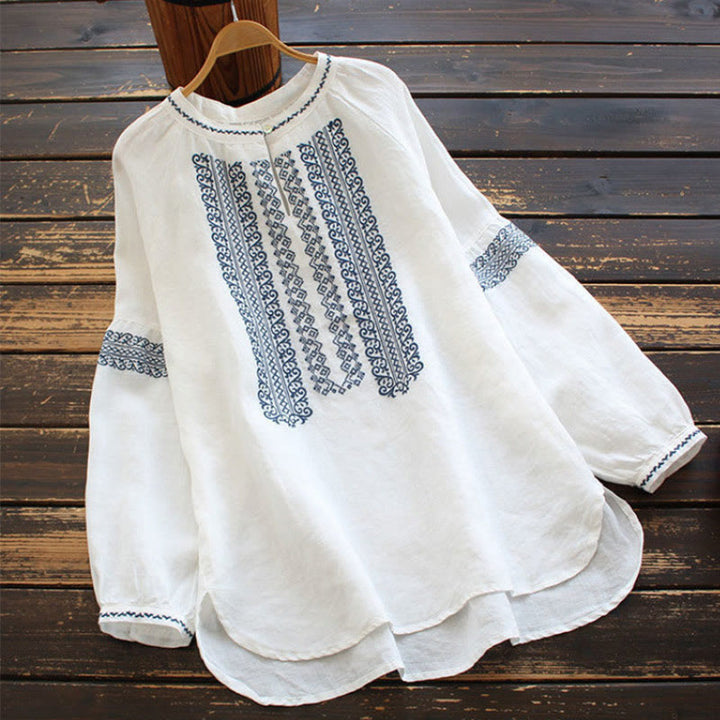 Buddha Stonesエスニック刺繍ボヘミアン柄長袖クルーネックレディースシャツ - 白 - US16、 UK/AU20、 EU48 (5XL) - image 0