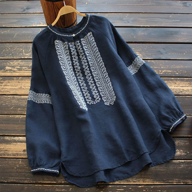 Buddha Stonesエスニック刺繍ボヘミアン柄長袖クルーネックレディースシャツ - 海軍 - US16、 UK/AU20、 EU48 (5XL) - image 8