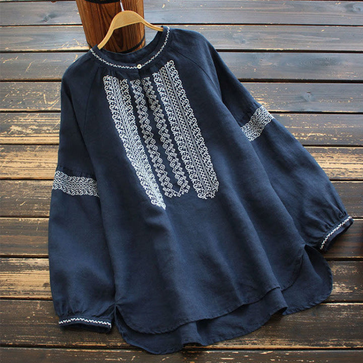 Buddha Stonesエスニック刺繍ボヘミアン柄長袖クルーネックレディースシャツ - 海軍 - US16、 UK/AU20、 EU48 (5XL) - image 8