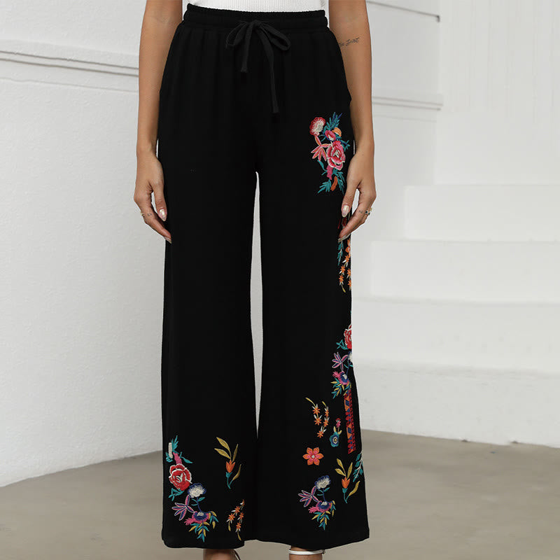 Buddha Stonesブラック 夏 無地 エスニック 刺繍 コットン リネン ドローストリング レディース パンツ ポケット付き - image 1