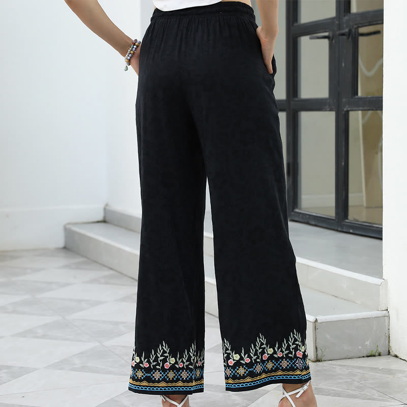 Buddha Stonesブラック 春 刺繍 花柄 コットン リネン ドローストリング レディース パンツ ポケット付き - image 1