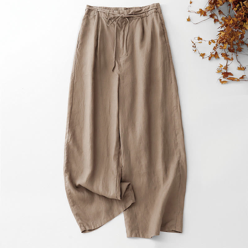 Buddha Stones夏 無地 アンクル丈 ドローストリング コットンリネン レディース ワイドレッグパンツ ポケット ジッパー付き - バーリーウッド - US8-10，UK/AU12-14，EU40-42 (2XL) - image 0
