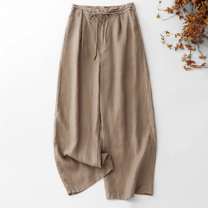 Buddha Stones夏 無地 アンクル丈 ドローストリング コットンリネン レディース ワイドレッグパンツ ポケット ジッパー付き - バーリーウッド - US8-10，UK/AU12-14，EU40-42 (2XL) - image 0