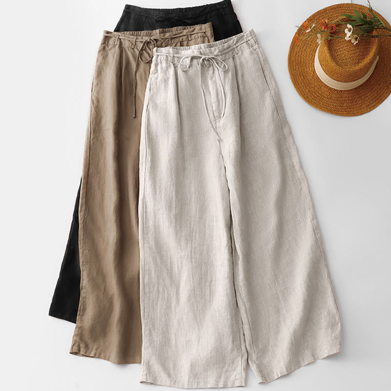 Buddha Stones夏 無地 アンクル丈 ドローストリング コットンリネン レディース ワイドレッグパンツ ポケット ジッパー付き - image 19