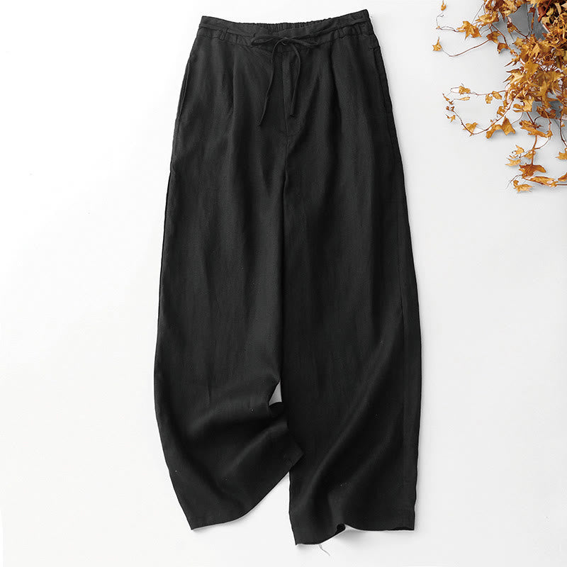 Buddha Stones夏 無地 アンクル丈 ドローストリング コットンリネン レディース ワイドレッグパンツ ポケット ジッパー付き - 黒 - US8-10，UK/AU12-14，EU40-42 (2XL) - image 7