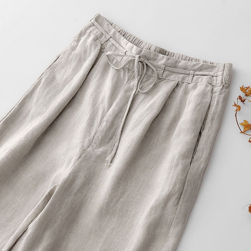 Buddha Stones夏 無地 アンクル丈 ドローストリング コットンリネン レディース ワイドレッグパンツ ポケット ジッパー付き - image 13