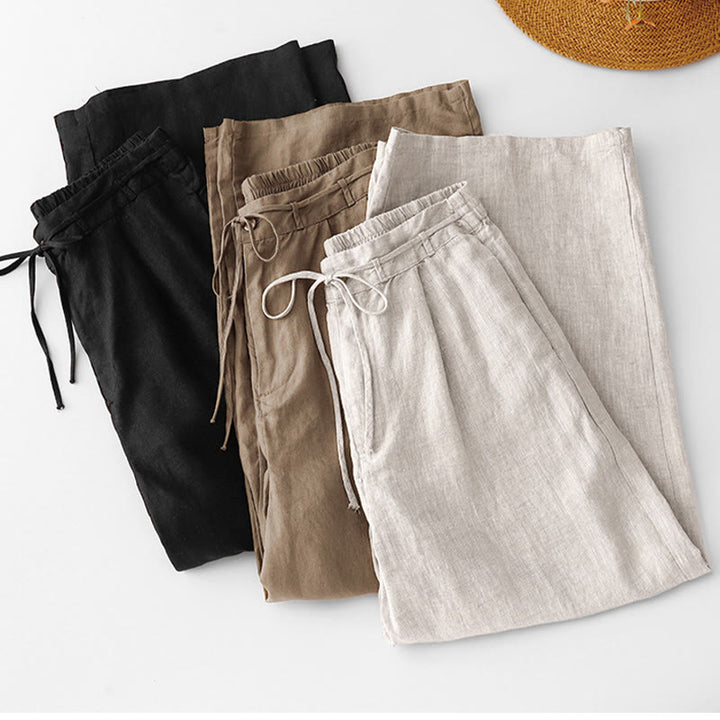 Buddha Stones夏 無地 アンクル丈 ドローストリング コットンリネン レディース ワイドレッグパンツ ポケット ジッパー付き - image 20