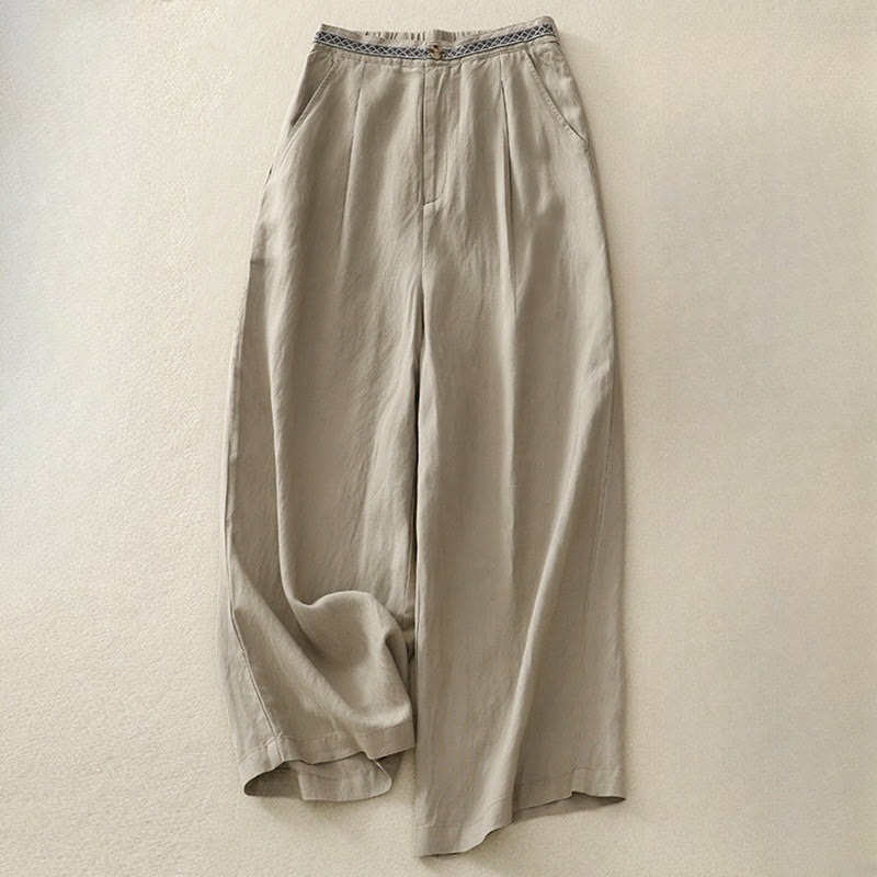 Buddha Stones夏 無地 7-8丈 コットンリネン レディース ワイドレッグパンツ ポケット付き ジッパー付き