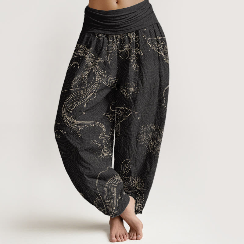 Buddha Stones鯉花柄レディース伸縮性ウエストハーレムパンツ - 黒 - US22、 UK/AU26、 EU54 (6XL) - image 1