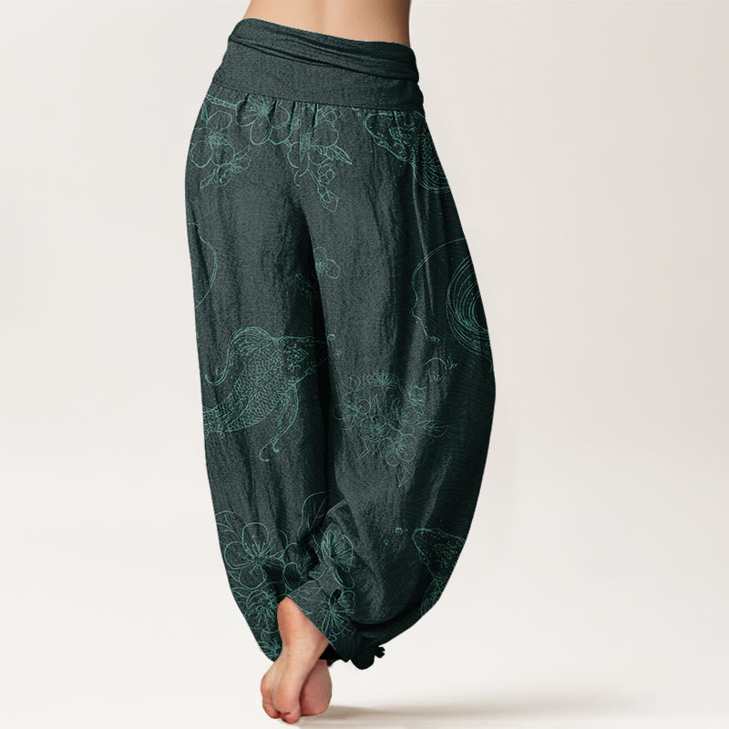 Buddha Stones鯉花柄レディース伸縮性ウエストハーレムパンツ - image 10