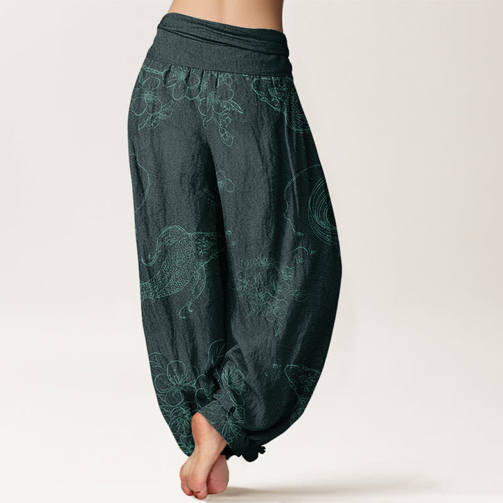 Buddha Stones鯉花柄レディース伸縮性ウエストハーレムパンツ - image 10