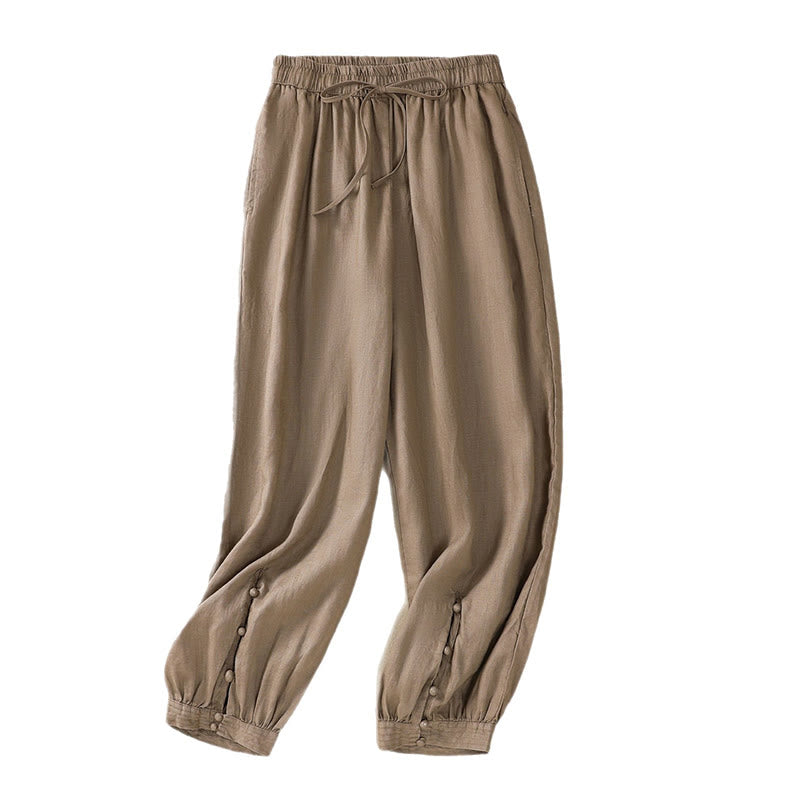 Buddha Stonesピュアカラー ドローストリング フロッグボタン コットンリネン レディース ハーレムパンツ ポケット付き - image 30