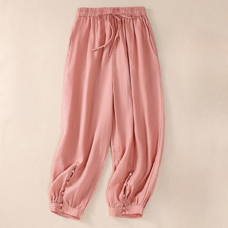 Buddha Stonesピュアカラー ドローストリング フロッグボタン コットンリネン レディース ハーレムパンツ ポケット付き - 鮭 - US8-10，UK/AU12-14，EU40-42 (2XL) - image 14