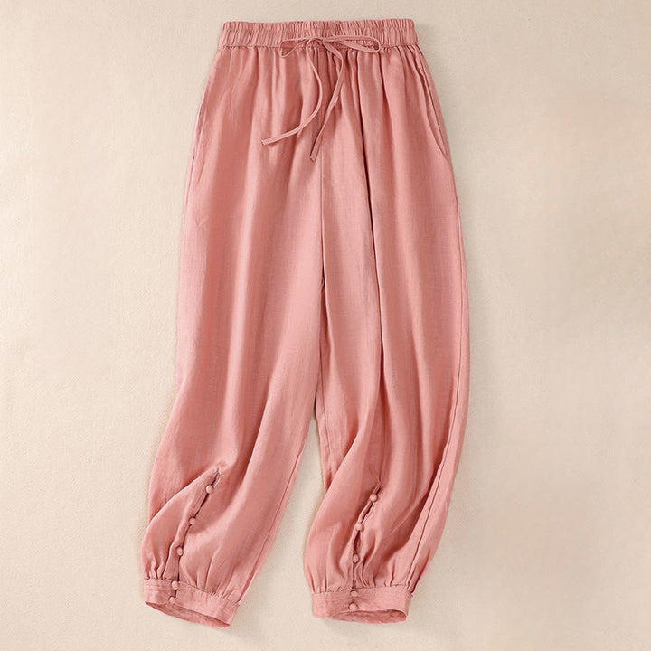 Buddha Stonesピュアカラー ドローストリング フロッグボタン コットンリネン レディース ハーレムパンツ ポケット付き - 鮭 - US8-10，UK/AU12-14，EU40-42 (2XL) - image 14