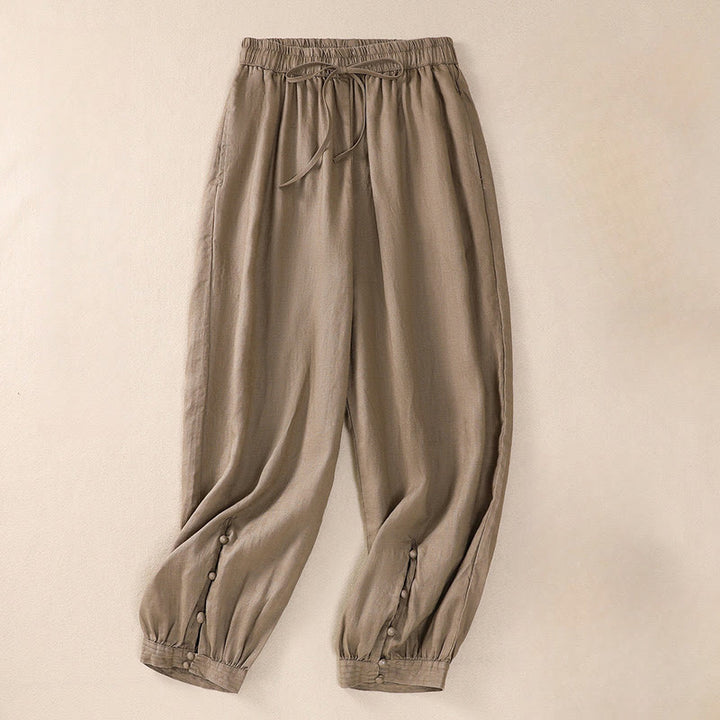 Buddha Stonesピュアカラー ドローストリング フロッグボタン コットンリネン レディース ハーレムパンツ ポケット付き - ダークカーキ - US8-10，UK/AU12-14，EU40-42 (2XL) - image 24