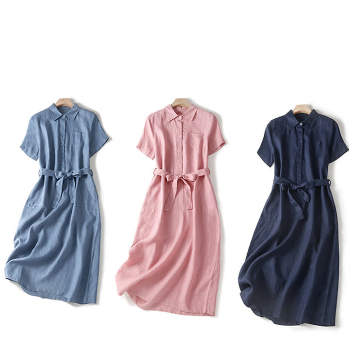 Buddha Stonesサマー レースアップ 無地 半袖 コットン ミディドレス ポケット付き