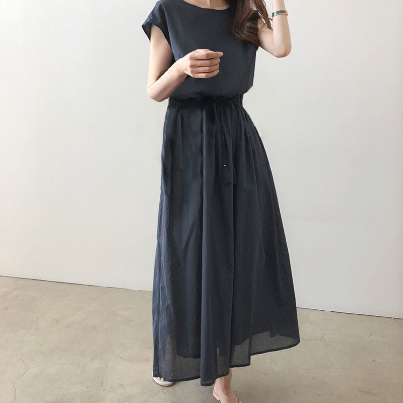 Buddha Stonesカジュアル イースタンウエスト ドローストリングデザイン 半袖 コットンリネン ミディドレス - スティールブルー - US8-10，UK/AU12-14，EU40-42 (2XL) - image 13